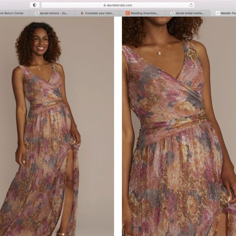 Davids Bridal Long Dress Gown Mother of Bride Floral Pink Gray Metallic size 16